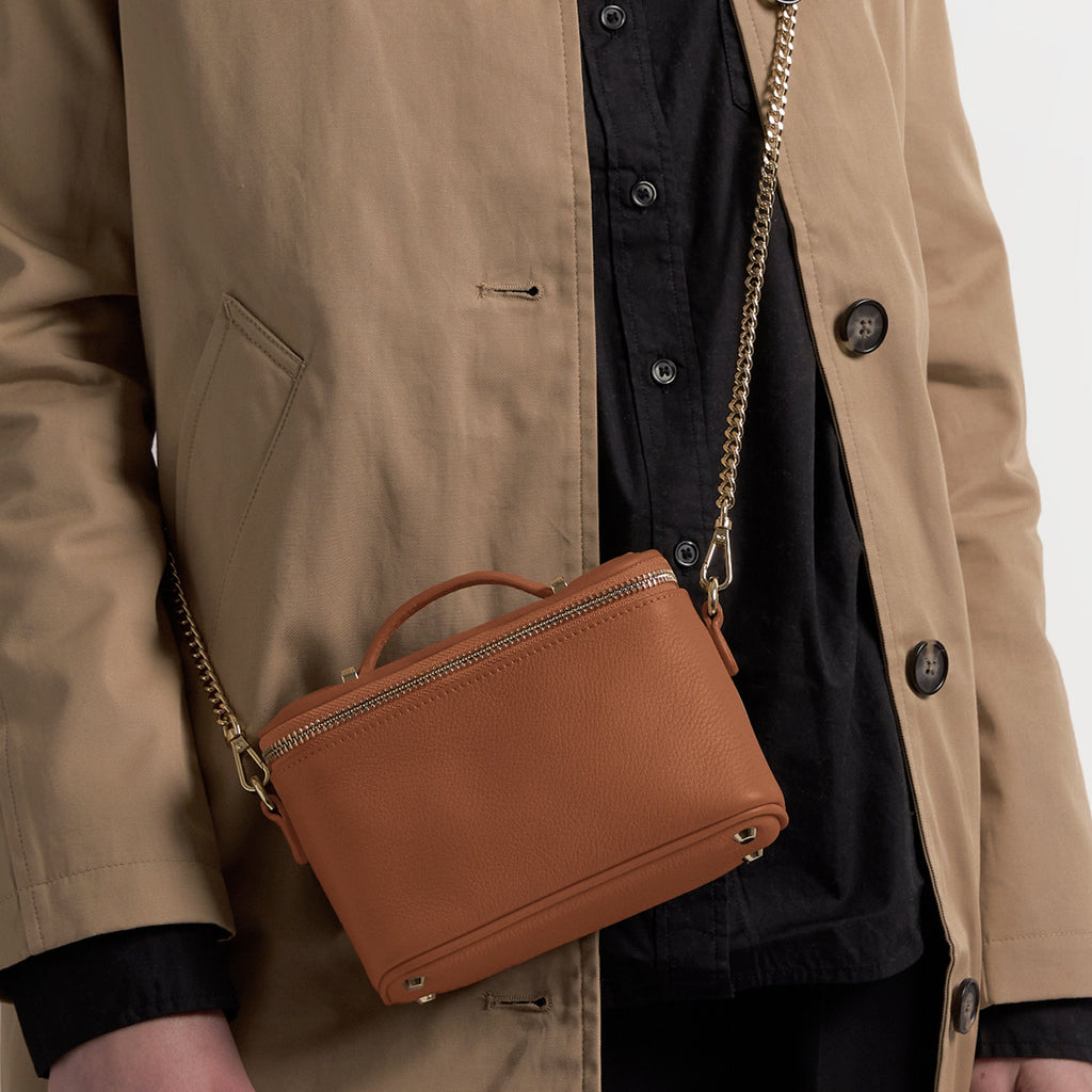 Maddie Micro Train Case Crossbody Saddle Brown