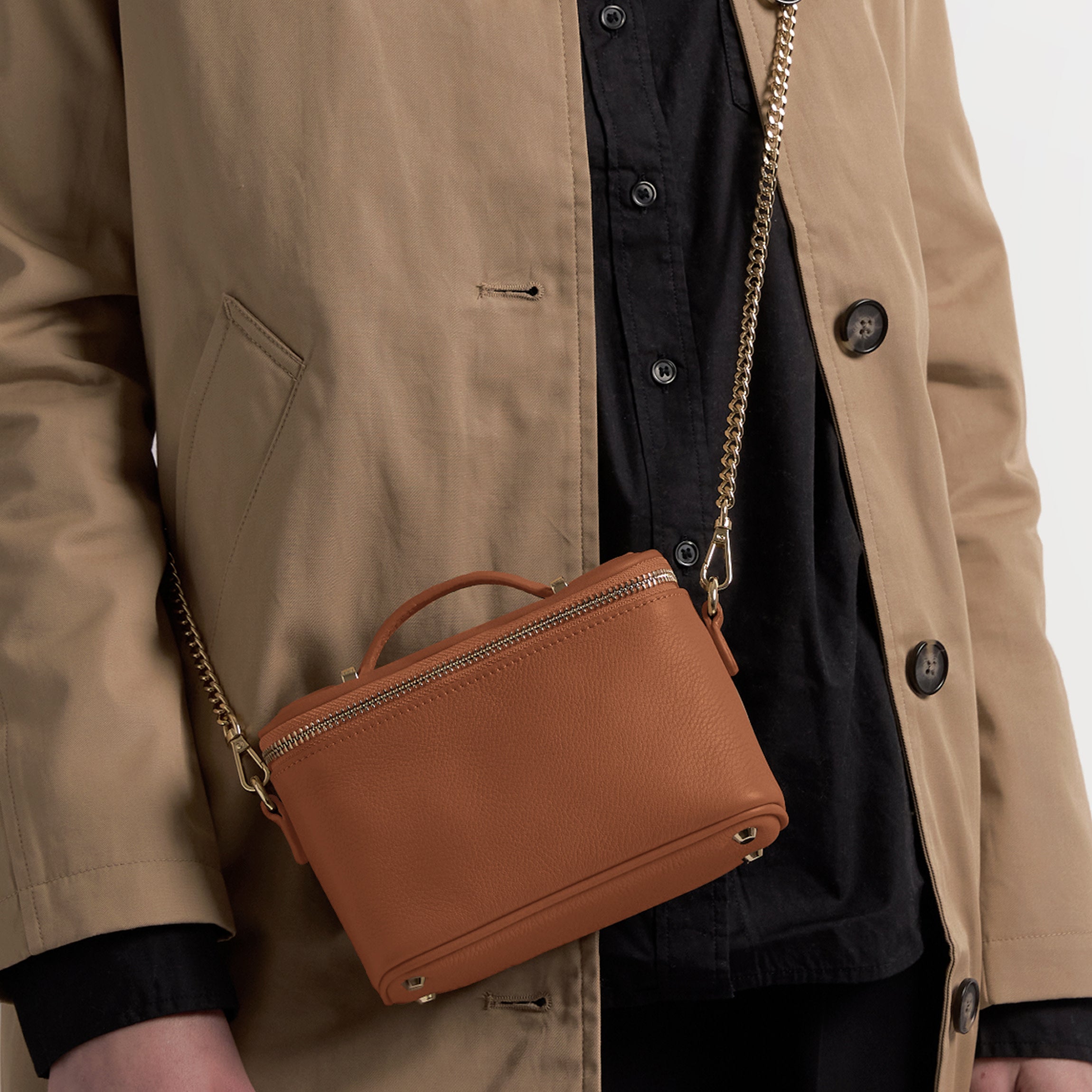 Maddie Micro Train Case Crossbody Saddle Brown